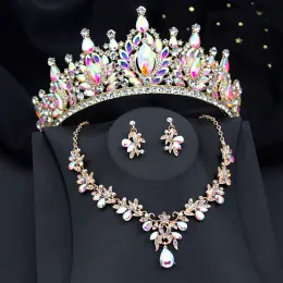 Necklaces Baroque AB Crystal Water Drop Bridal Jewelry Sets Luxury Tiaras Crown Necklace Earrings Wedding Dress Jewelry Set Accessories