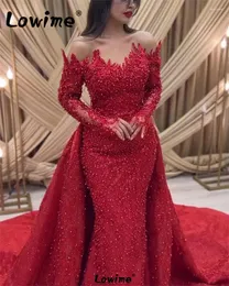 Party Dresses Elegant 2 i 1 Red Wedding Mermaid Long Sleeves Prom Dress Araic Middle East Women Pärlade aftonklänningar 2024 Robe