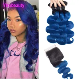 Indian Virgin Hair 1B Blue Ombre Human Hair Body Wave Bunds med 4x4 spetsstängning Mellan tre delar Hårförlängningar 1028Q8887298