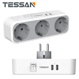 Ładowarki Tessan wielokrotne gniazdo elektryczne UE Wtyk Emerfed Pasek z 3 punktami sprzedaży 2 Porty USB Adapter ładowarki ściany UE do domu