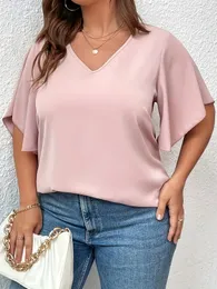 Plus Size 1XL5XL Womens Tshirt Solid Color V Neck Bell Sleeve Blouse Slight Stretch Casual Pullovers Shirt Top 240419