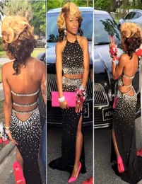 Crystal Black Two Piece African Prom Dress 2K16 Diamond Beaded Graduation Dress Backless High Slit Halter Evening Party Dresses ve1443862