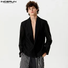 Ternos masculinos bonitos tops bem adequados incerun malha hollow sólida blazer festeira casual mostra terno de manga longa casacos s-5xl 2024