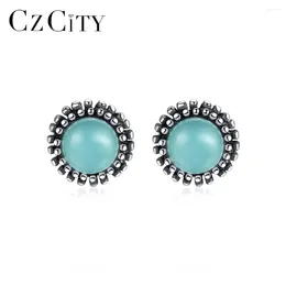 Stud Earrings CZCITY Pure 925 Sterling Silver For Women Fine Jewelry Round Turquoise Post Earring Joyeria Fina Para Mujer SE0422