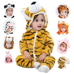 Jednoczęściowe jesień zimowe ubrania dla niemowląt zwierząt z kapturem rompers tygrys jednorożenki kigurumi niemowlę dzieci flanela Halloween kostium 036m
