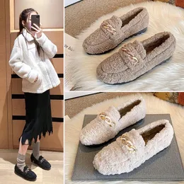 Casual Shoes Luxury Chain Lambswool Moccasins Winter Women Cotton Sneakers Plush Flats Woman Thicken Soled Fur Loafers Large Size 34-43