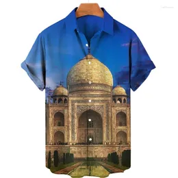 남성용 캐주얼 셔츠 3D 프린팅 세계 풍경 역사 사이트 셔츠 셔츠 남자 패션 짧은 슬리브 여름 비치웨어 탑 대형 옷깃 하와이