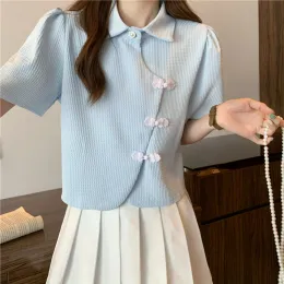 Skjorta sommar ny kinesisk stil kvinnliga skjortor elegant vintage cheongsam spänne blusar mode stativ krage korta ärmskörd tops