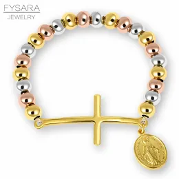 Bangle Fysara Bracelety z koralikami ze stali nierdzewnej dla kobiet religia religia Virgin Mary Rosary Cross Strand Bracelets Para biżuteria