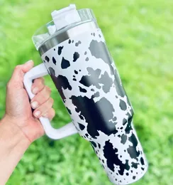 US stock 40oz Stainless Steel Tumblers Cups Lids Straw Cheetah Cow Print Leopard Heat Preservation Travel Car Mugs Large Capacity Water Bottles i0424
