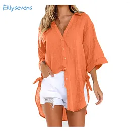 Women's Blouses Women Causal Loose Shirts Summer Thin V Lapel Button Trend Classic Side Knotted Long Sleeve Shirt Irregular Style