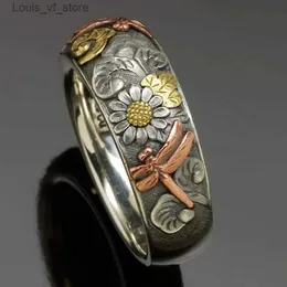 Bandringe Vintage Silber und Roségold Farbe geschnitzte Libelle Sonnenblume Ring einzigartige Metallblume Frauen Verlobungsfeier Schmuck H240424