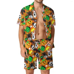 Men's Tracksuits Halloween Spooky Men Sets Cute Pumpkin Vintage Casual Shirt Set Short Sleeve Graphic Shorts Summer Beach Suit Big Size