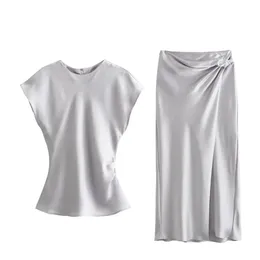 Unizer Spring Product Womens Fashion Slim Fit Silk Satin Texture Sleeveless Top High midja Midi Half kjol Casual Set 240422