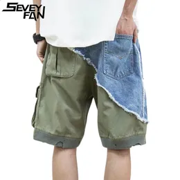 Seveyfan HI Street Men Ripped Denim Patchwork Shorts Multi Pockets last Shorts Streetwear 240418
