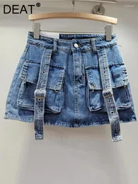Юбки женская джинсовая юбка высокая талия большие карманы лоскутная упаковка хип -повязка грузовые мини -юбки 2024 Spring Fashion 29L5509