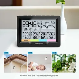 Haushalts -Thermometer Newentor Weather Station Takt Digitale Temperaturfeuchtigkeit Thermometer Wireless Hygrometer mit 3 Sensor Innen im Freien im Freien T24042