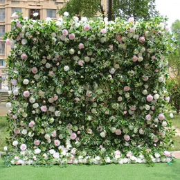 Flores decorativas Hedge verde 5D com rosas rosa Flor Wall Backdrop Fabric Backing para festa de festas de casamento Po Booth
