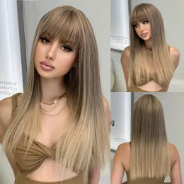 Parrucca a gradiente marrone dorato chiaro con frangia lunghi dritti s sintetici capelli naturale parrucche per cosplay per donne resistenti al calore 240419