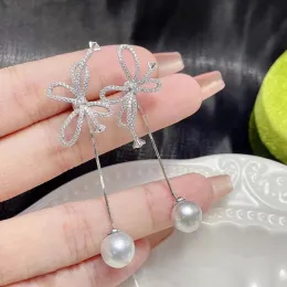 Earrings MeiBaPJ 910mm Natural Rice Pearls Fashion Long Bow Drop Earrings 925 Silver Empty Tray Fine Wedding Jewelry for Women