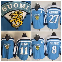 KOB 1998 Команда Финляндия 11 Saku Koivu Retro хоккейные майки 8 Teemu Selanne 27 Teppo Numminen Vintage Light Blue Hockey Jersey 2002 M-XXXL