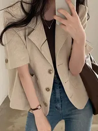 Elegant Casual Blazer ol Work Shirt Korean Chic Women Lapel Neck Kort ärm Summer Blus Solid Suits Tops 240417