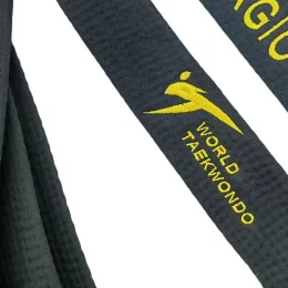 Prodotti WTF Kukkiwon Taekwondo Black Black Belt Gamedth Larghezza 5 poliestere di cotone marziale arte sportiva Coach sportiva in vita personalizzata Nome coreano