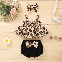Roupas de roupas nascidas infantil meninas roupas de leopardo com estampa sem mangas Tops browknot shorts com faixas de cabeça 3pcs