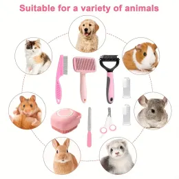 Escova de dentes 8pcs cães de limpeza de cães, kit de combinação de limpeza de animais de estimação com cortadores de unhas de estimação e arquivo, pente de pulga, escova de shampoo e escova de dentes de silicone