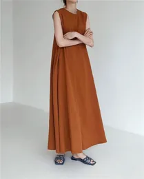 Casual Dresses Cotton Linen Tank Maxi Dress Women Summer Korean Loose Sleeveless Hem Long 4 Colors 2024