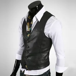 Jackets New Chaleco Hombre Pu Leather Vests For Men Slim Fit Mens Suit Vest Male Waistcoat Gilet Homme Formal Business Jacket Men's Vest