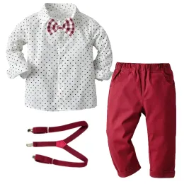 Sweatshirts kostym för pojkekläder sätter 16 år födelsedag bröllop småbarn pojkar kläder bow stjärna skjorta + röd byxa + bälte barn festdräkt