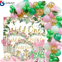 Tees Pink Wild One Birthday Party Balloon Jungle Safari Safari Forest Forest Decoration Girls First First Safari Safari Jungle Party Supplies