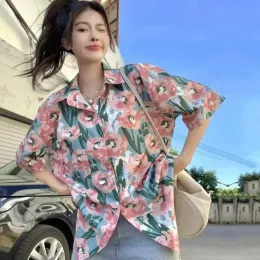 Shirt Summer Allmatch Oil Painting Poloneck Shirt Short Short Shirts Women Abbigliamento coreano Stampa sciolta top top femme camicetta vintage