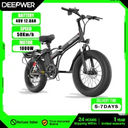 Bisiklet Deepower 1000W Yetişkinler Elektrikli Bisiklet Bisiklet 48V 12.8AH 20 İnç Offroad Lastik Katlanır Elektrikli E Bisikletleri Dağ Ebike Yetişkinler için