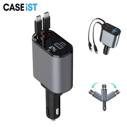 Cassider Retractable Car Ladegerät 4 in 1 Schnell 120 -W -Telefonlade -PD -Kabel USB Typ C 2 Port LED Digitale Display Zigarette Leichter Adapter für iPhone Android Laptop