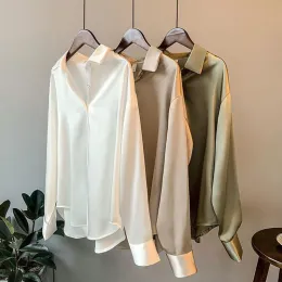 Skjorta satin kvinnor skjortor eleganta kontor damer långärmad höstskjortor sålde avslappnad koreanska lösa kvinnliga toppar nya