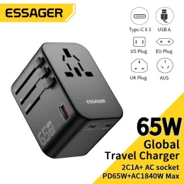 充電器Essager Essager Universal Travel Adapterは、65W USBとタイプCウォール充電器を備えた1つのトラベル充電器で、EU UK Plug AUS充電