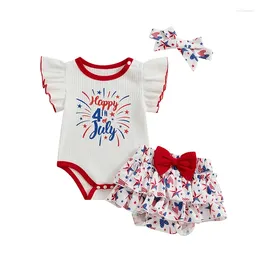 의류 세트 7 월 4 일 7 월 4 일 아기 소녀 복장 자수 미국 국기 롬퍼 스타 인쇄 반바지 머리띠 독립 기념일 세트