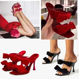 Открытые красные пальцы высокие каблуки тапочки Женщина Veet Bowknot Designer Stiletto Mules Ladies Summer Sexy Dress Ware Shoes