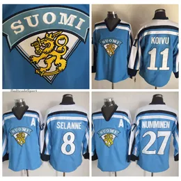 KOB Męskie Vintage 11 Saku Koivu 1998 Team Finland Hockey Jerseys 27 Teppo Numminen 8 Teemu Selanne Light Blue Jersey M-XXXL