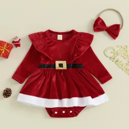 One-Pieces ma&baby 018M Christmas Newborn Infant Baby Girl Romper Xmas Costumes Outfits Ruffle Long Sleeve Santa Romper Headband D05