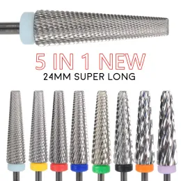 Bits 5IN1 24mm Super Long Tapered Carbide Nail Drill Bits Electric Nail Drill Accessories Manicure Bur Nail Cuticle Milling Cutter