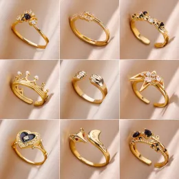 Полосы золотой цвет кольцо из нержавеющей стали для женщин изящное циркон короновое сердце Anillos Открытие регулируемого кольца свадебное подарок свадебный подарок