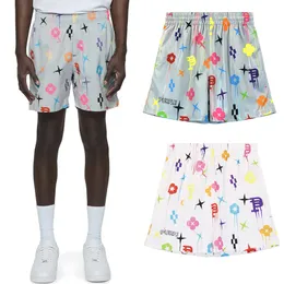 24SS Moda Yaz ABD Allover Renkli Baskı Polyester Örgü Şort Kadın Erkek Kaykay Yüksek Sokak Orta Pantolon Joggers 0424