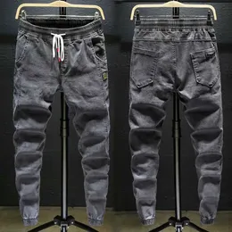 Mäns jeans Ny sommar 2023 Drawstring Thin Luxury Mens Work Jeans Korean Style Clothes Streetwear Punk Casual Harem Jogger Denim Pants 240423