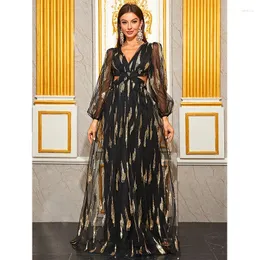 Повседневные платья Женщины с длинным рукавом V Sexy Cut Out Black Vestido de Festa Sequined Evlinng Cocktail Prom Maxi