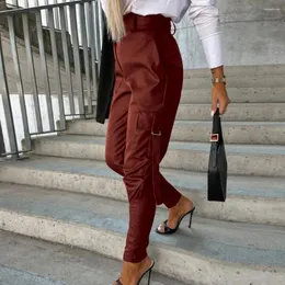 Spodnie damskie stałe kolory spodnie o wysokim talii sztuczne skórzane ołówek z dekoracją zamkiem multi kieszeni dla kobiet szczupłe dopasowanie
