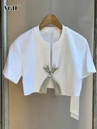 VGH Diamantes de retalhos sólidos camiseta dividida para mulheres redondo pescoço de manga curta emagrece