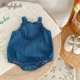 One-Pieces Summer Baby and Children's Bodysuit Girl Baby Pure Cotton Denim Love Carrying Strap Wrap Fart Triangle Romper Creeper Bodysuit